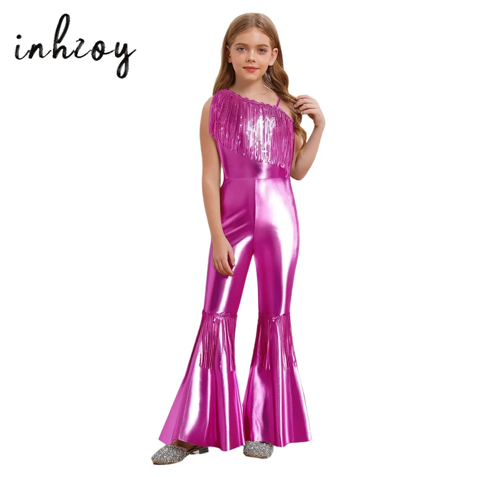 

Kids Girls Sequin Tassels Jazz Latin Dance Jumpsuit Off-the-shoulder Sleeveless High Waist Flared Bodysuit for Birthday Party