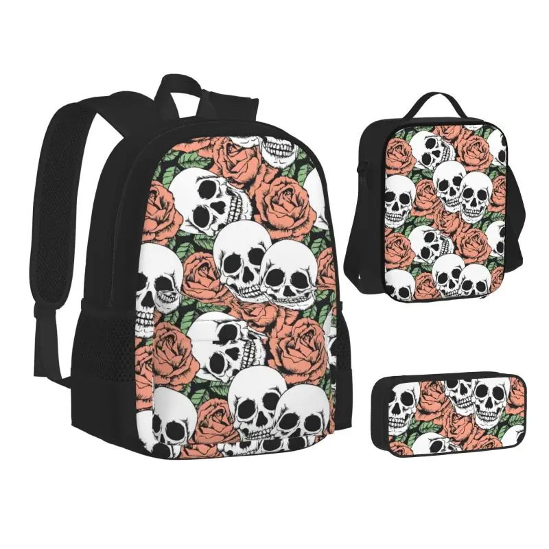 

3Pcs Flower Skull Student Schoolbag Backpack Teenager Bookbag with Lunch Bag print set school bag shoulder bag pencil case