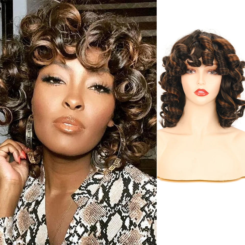 

Synthetic Wigs Afro Short Curly Hair Bangs Wig for Women Highlight Brown Ombre Colored 14 inch Shoulder Length Heat Resistant
