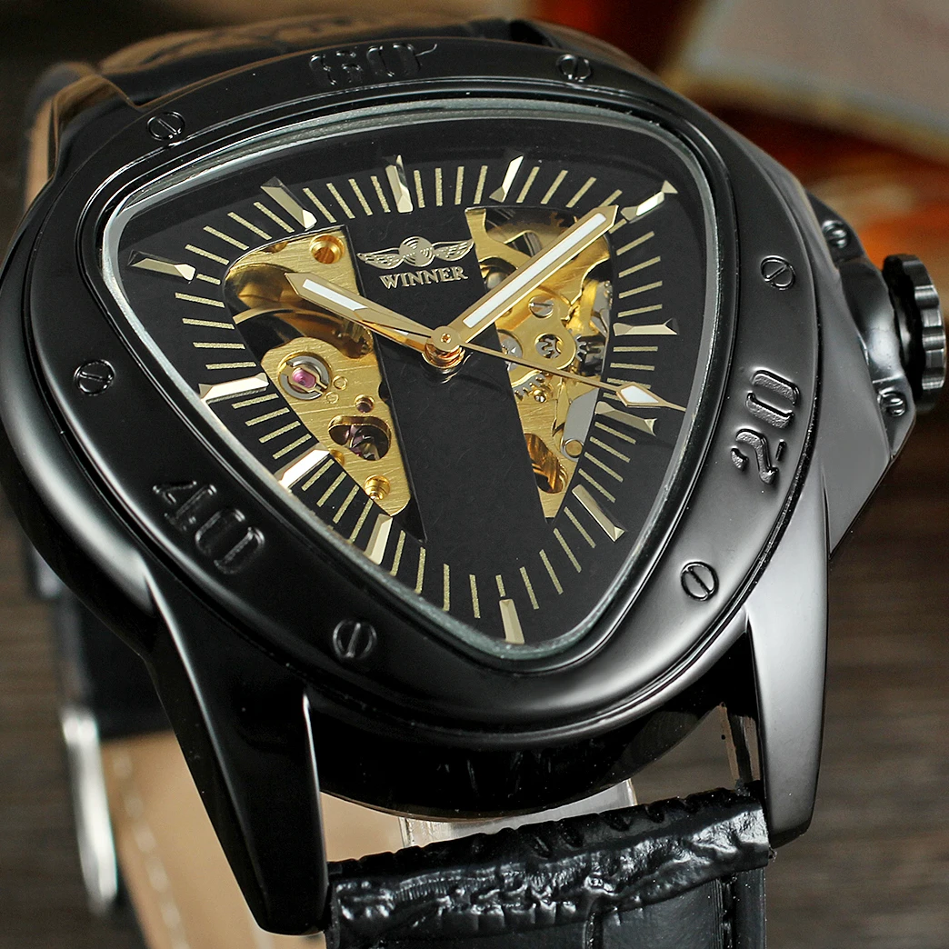 2024Winner Original Triangle Black Skeleton Watch for Men Mechanical Automatic Sport Mens Watches high-quality Luxury Clock Army