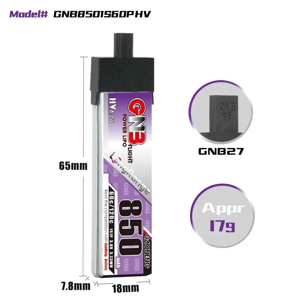 GAONENG GNB 1S 850mAh 3.8V 60C HV 4.35V Lekka, długa bateria Lipo z wtyczką PH2.0 Złącze GNB27 do drona FPV