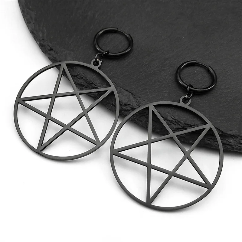 Goth Witchcraft Satan Pentagram Stainless Steel Drop Earring Women Black Color Satanic Big Round Gothic Hoop Earrings Jewelry