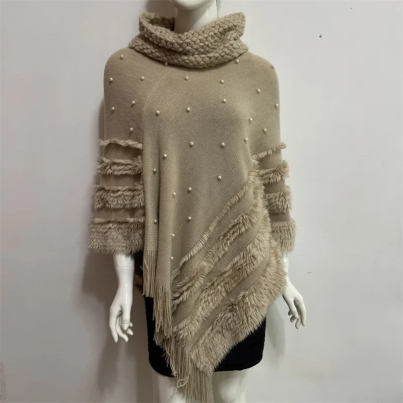 European American Autumn Winter New Jacquard Pearl Women Wear Warm High Collar Lady Shawl Cloak Fashion Pink