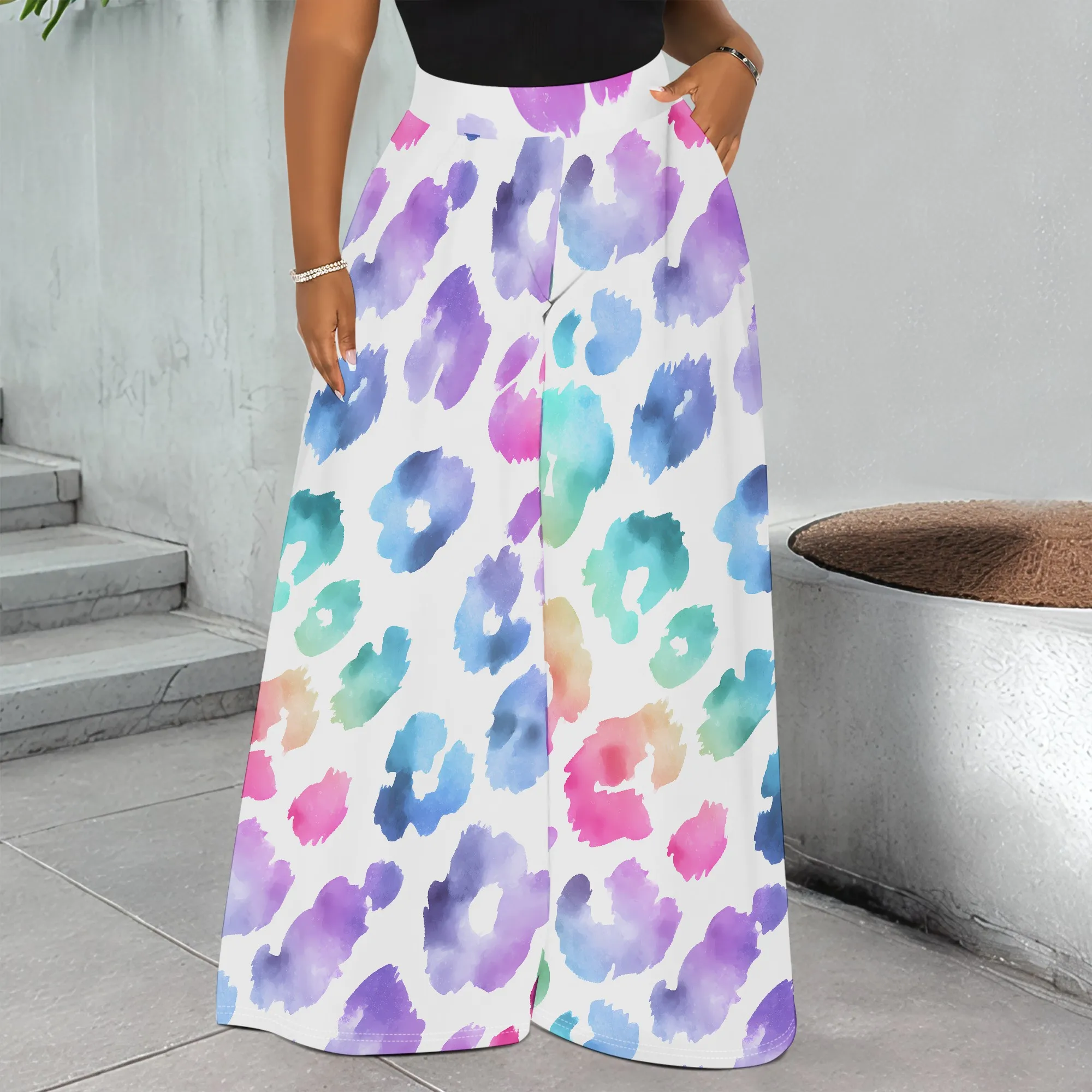

Watercolor Leopard Print Pocket Pants, Abstract Animal Pattern Trousers, Wide Leg Lounge Bottoms for Women, S-3XL