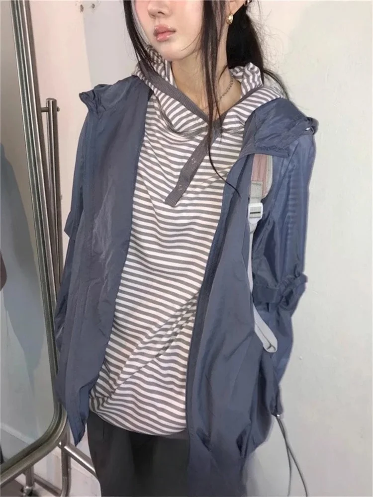 بلوزات كورية بغطاء للرأس على طراز Preppy مخططة وأكمام طويلة 2024 Ropa Mujer ملابس نسائية بقلنسوة على الموضة غير رسمية Y2k