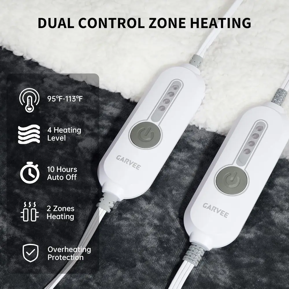 بطانية كهربائية بحجم كينج، تحكم مزدوج، 4 مستويات حرارية، إيقاف تلقائي، مخمل ناعم، قابل للغسل في الغسالة، معتمدة من ETL، 90x100 Gre #3