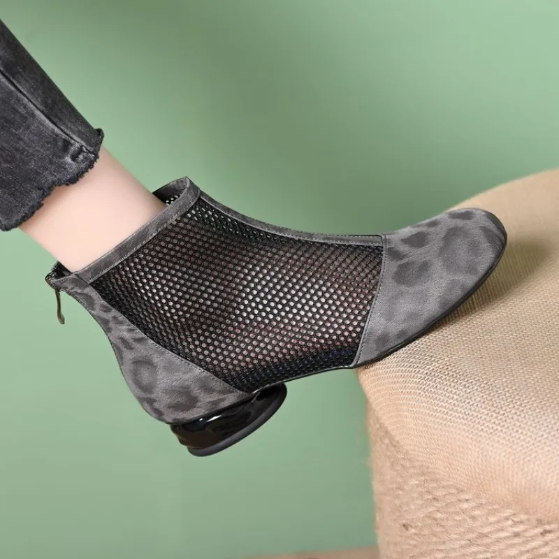 2025 Sandalias De lujo De verano para Mujer, zapatos femeninos cuadrados De tacón alto, botines De gamuza De malla De leopardo para Mujer, Sandalias De Mujer