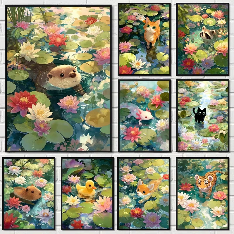 Niedliche Tiere im Lilien-Teich Poster Otter Axolotl Katzenbaby Drucke Diamantmalerei Wandkunst Bilder für Wohnzimmer Heim-Dekoration