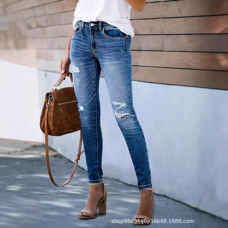 

Denim Pant Women Jeans Vintage Pencil Pants Slim Fit High Waist Straight Hole Trousers Y2k Streetwear Elegant Work Casual Spring