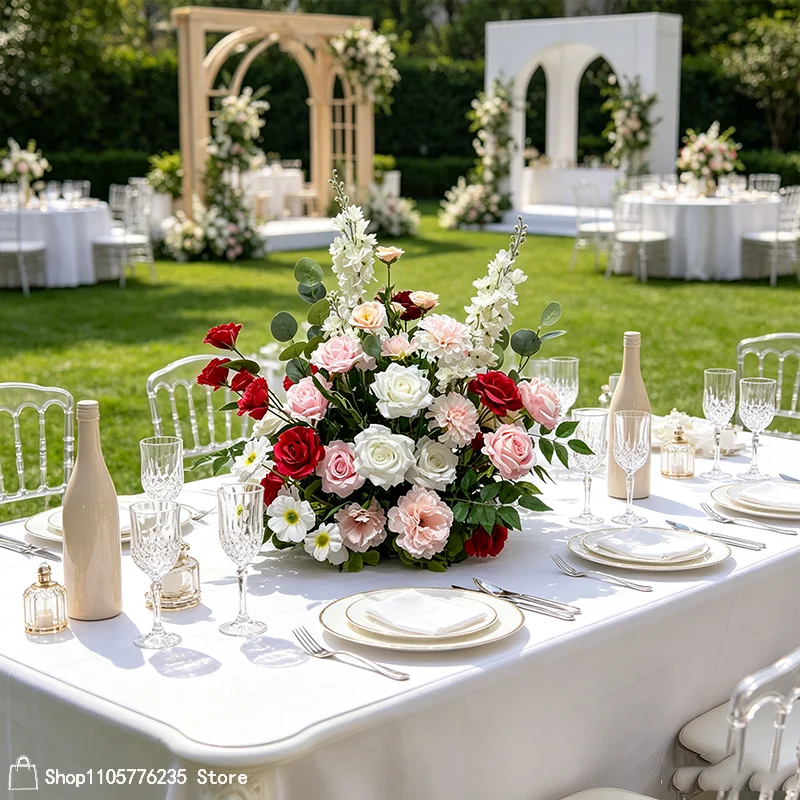 Künstliche rote, rosa, weiße Rosen, Pfingstrosen, Rittersporn, Hochzeitstisch-Mittelstück, Blumenarrangement, Bankett-Esstisch, Heimdekorationsstück – Detail 2