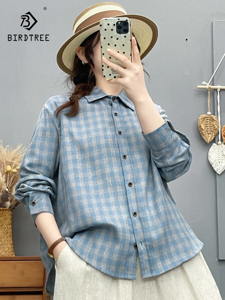 

New 2026 Spring Cotton Long Sleeve Shirt, Women Turn-down Collar Plaid, Mori Girl Japan Style OL Commute Loose Blouse T5D853CC