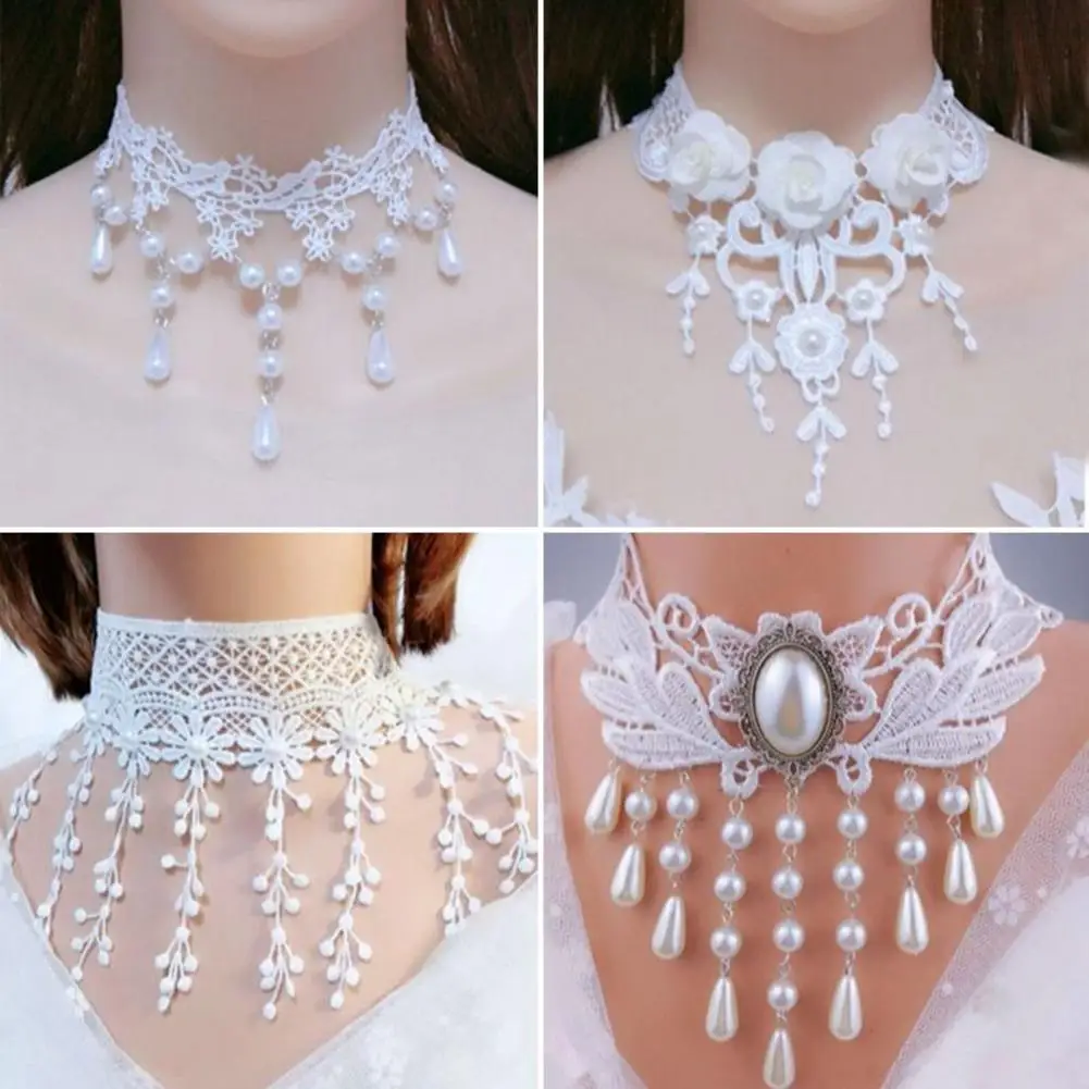 Women Party Necklace Lace Faux Pearl Decor Tassel Prom Cosplay Halloween Carnival Choker Wedding Performance Neck Jewelry 목걸이