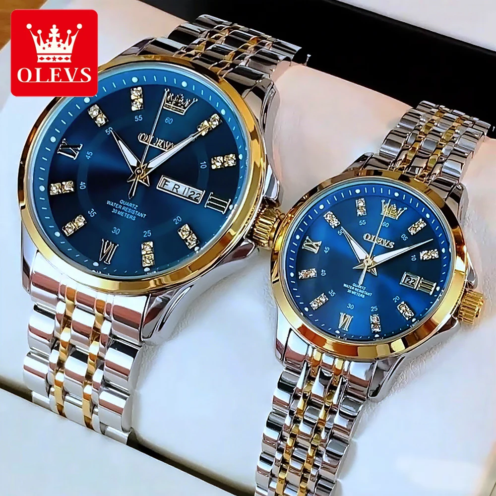 ساعات OLEVS للأزواج الفاخرة من أفضل العلامات التجارية المصنوعة من الفولاذ المقاوم للصدأ ساعة يد كوارتز أصلية لمحبي تقويم مضيء مقاوم للماء