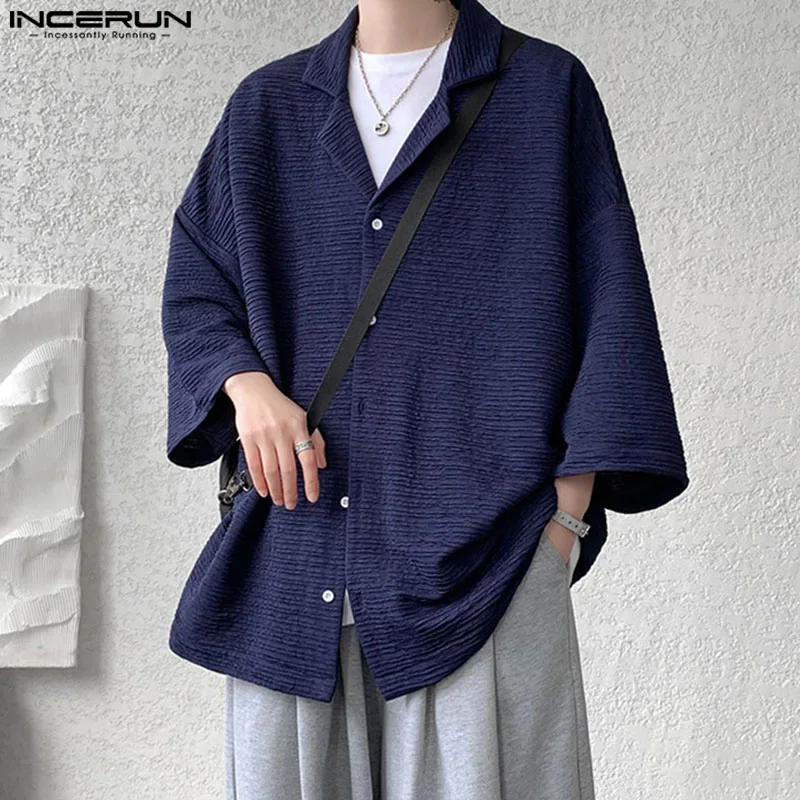 

INCERUN Men's Shirt Solid Color Lapel Half Sleeve Loose Casual Men Clothing Summer Streetwear 2024 Fashion Leisure Male Shirts