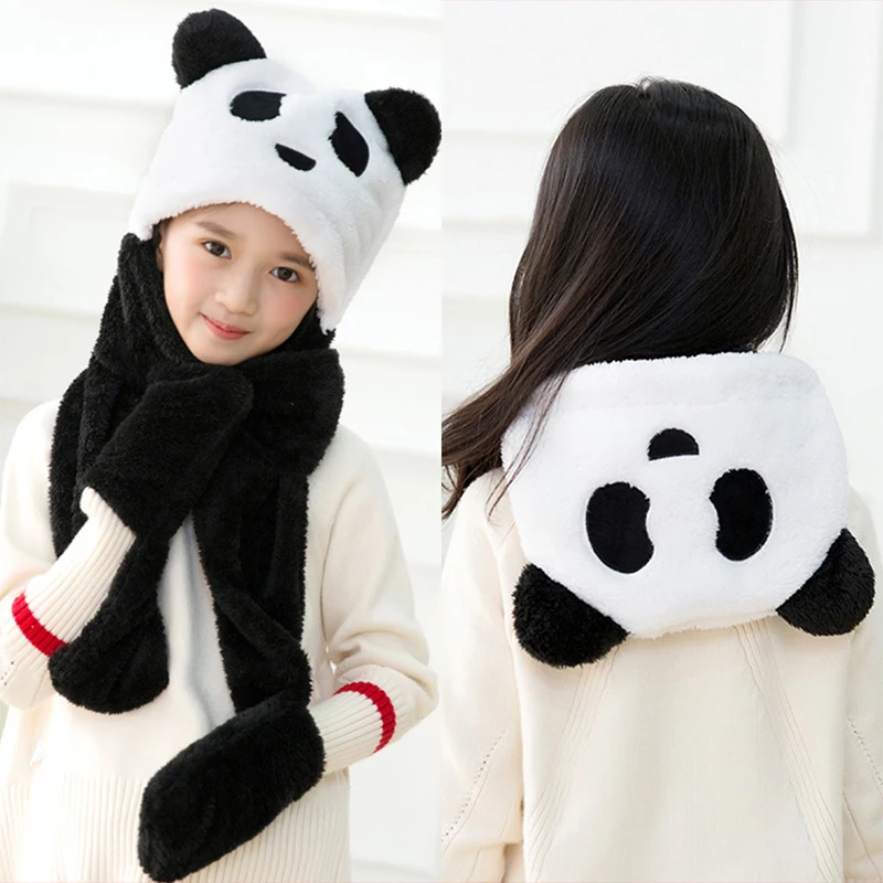 3 in 1 Winter Animal Hat Scarf Mitten Combo Panda Bear Cute Hood Hoodie Hats Plush Animal Beanie