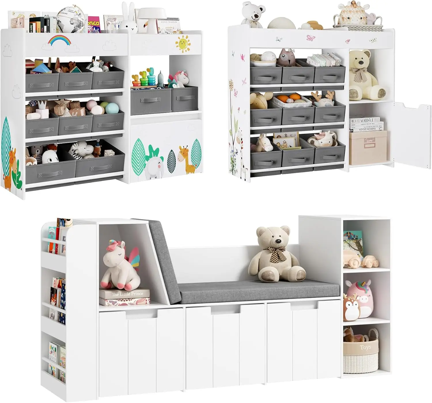 3 Pieces Toy Storage Organizer Sets - Includes Kids Reading Nook and Toy Bookshelf with Fabric Bins, Kids Bookshelf with Rolling