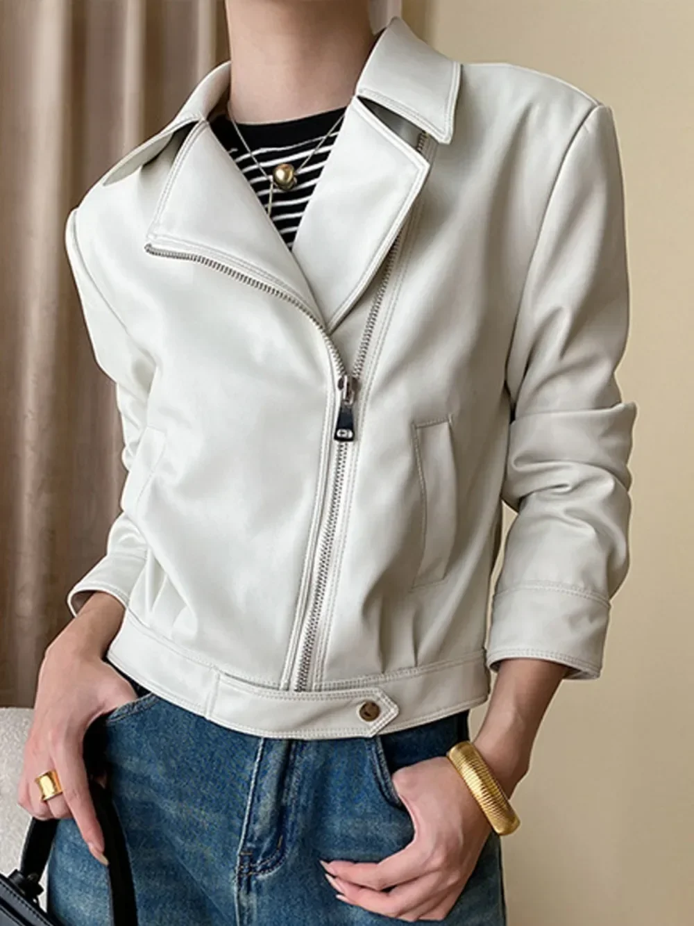 Stand Collar Zipper Leather Jackets Motorcycle PU Coats Women 2023 Autumn Street Long Sleeve Cropped Coat New in Outerwears