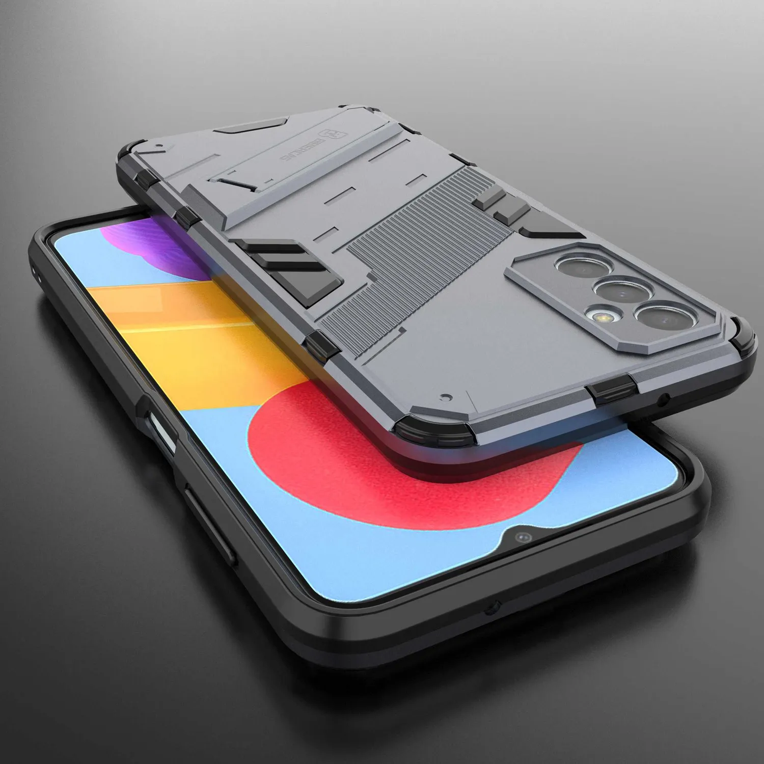 For Samsung Galaxy M13 4G Kickstand Protective Phone Case Drop-Proof Hard PC Soft TPU Hybrid Cover - Grey
