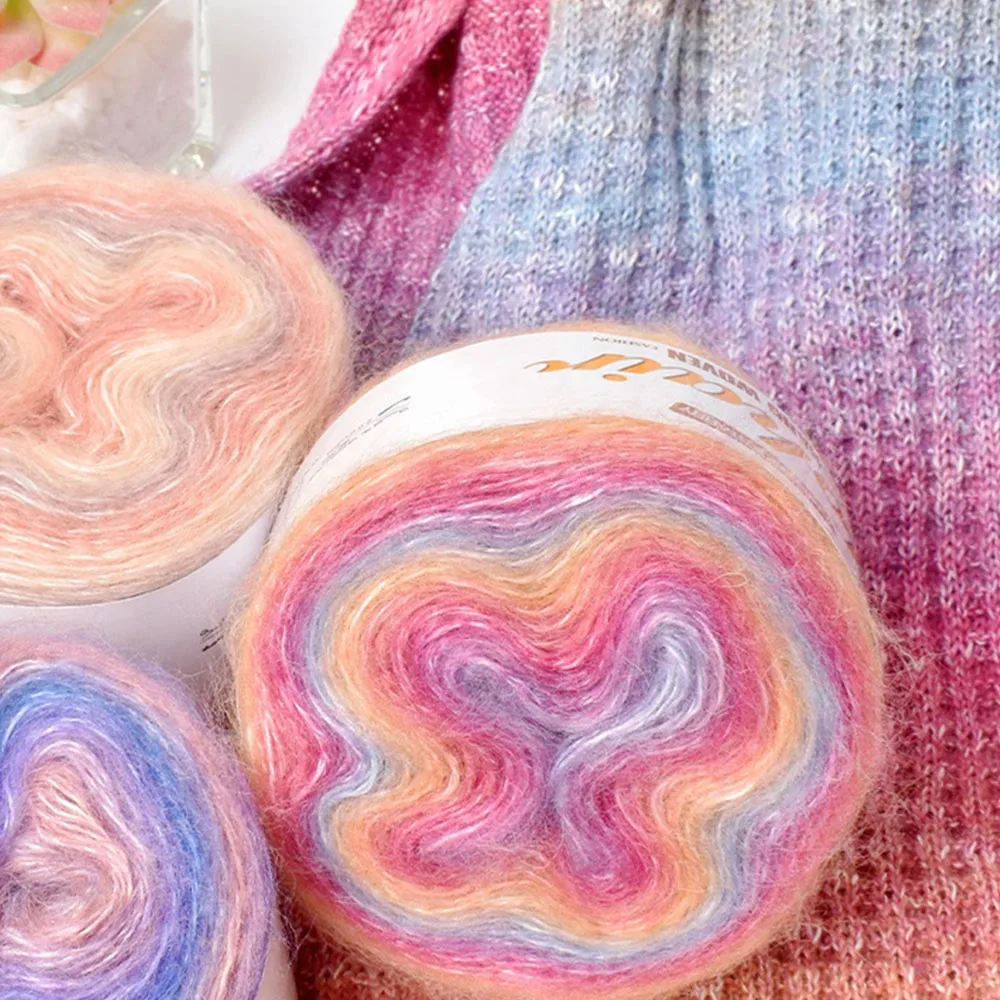 50g/Roll Gradient Colorful Mohair Multicolor Rainbow Yarn Long-Staple Cotton Self Striping Air Yarn for Knitting Crochet Sweater