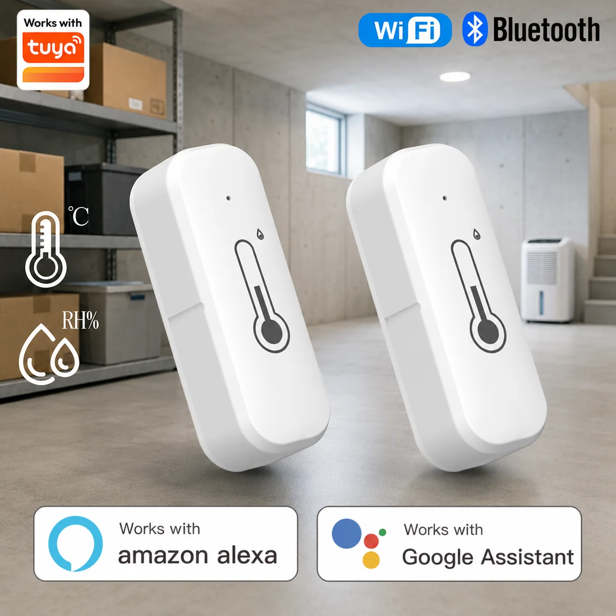 Tuya Temperature and Humidity Sensor, Compatible with Alexa and Google Home, Connects via Wi-Fi and Bluetooth, Voice Control