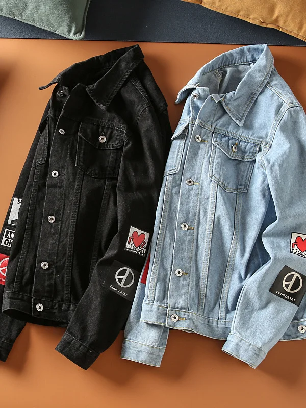 

Spring New Sle Faionable Printed Men's Korean Version Collar Casual Versatile Denim Jaet Outerwear Worn with Anything