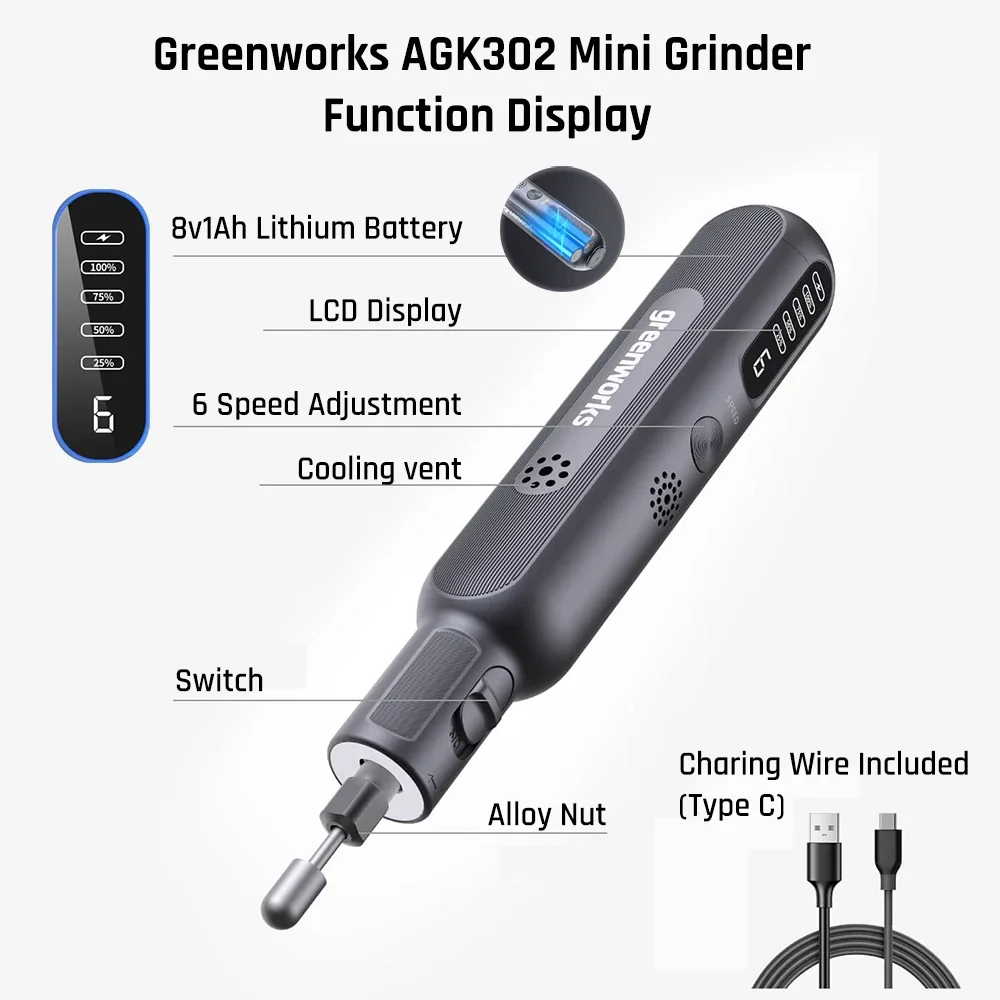 Greenworks Mini Electric Grinder 8V 52pcs Electric Grinding Engraving Cordless Variable Speed Lithium Battery Power Tools