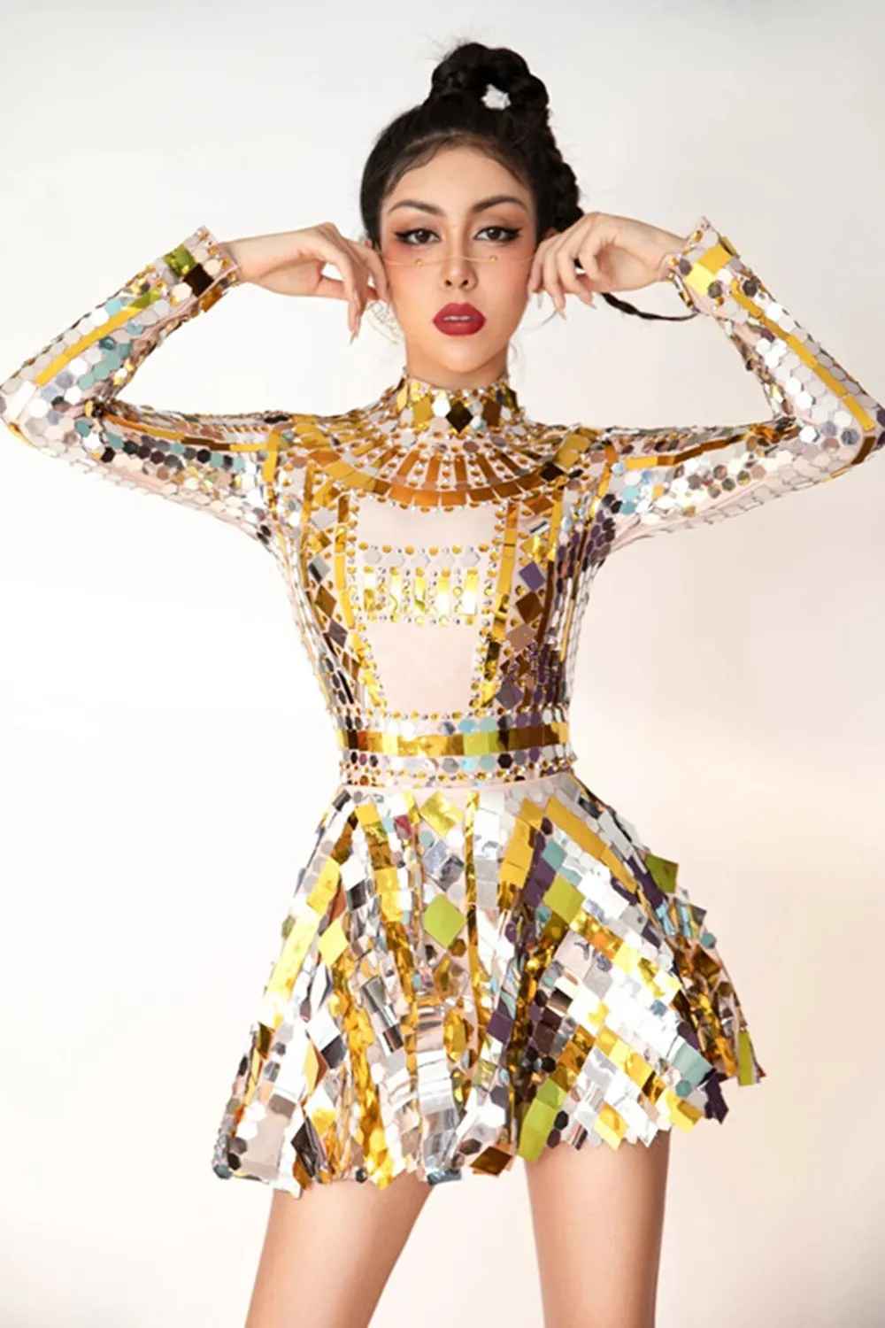 

Shiny Silver Gold Rhinestone Sequined Dance Costume Bodysuit Skirt Two Piece Set Birthday Celebrate Prom Party Outfit Stage Wear