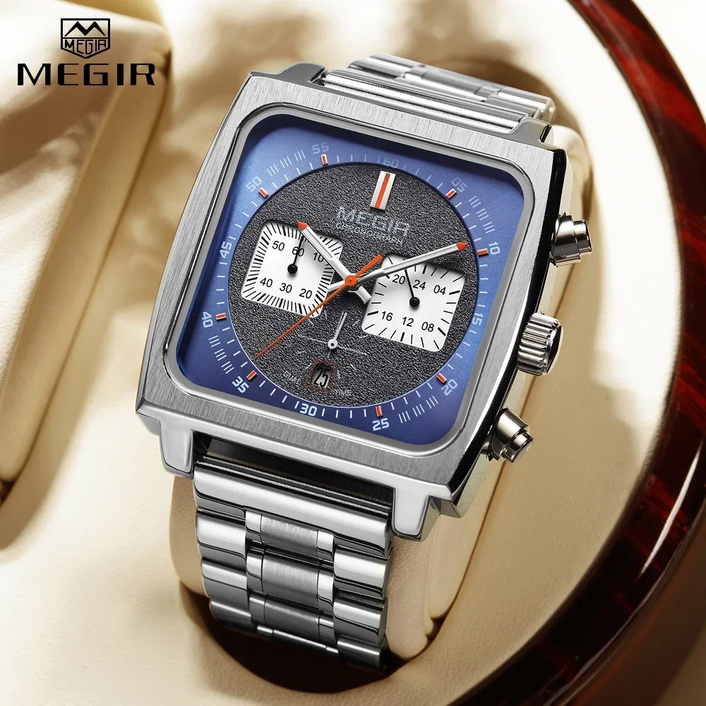 MEGIR Square Dial Chronograph Quartz Watch for Men Stainless Steel Strap Fashion Sport Wristwatch Date Luminous Hands 24-hour