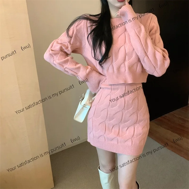 

ZOCI-Twist вязаный свитер, утепленная юбка с ленивым ветром, женская тонкая юбка с длинными рукавами и высокой талией, короткая юбка с запахом на бедрах, комплект из двух предметов