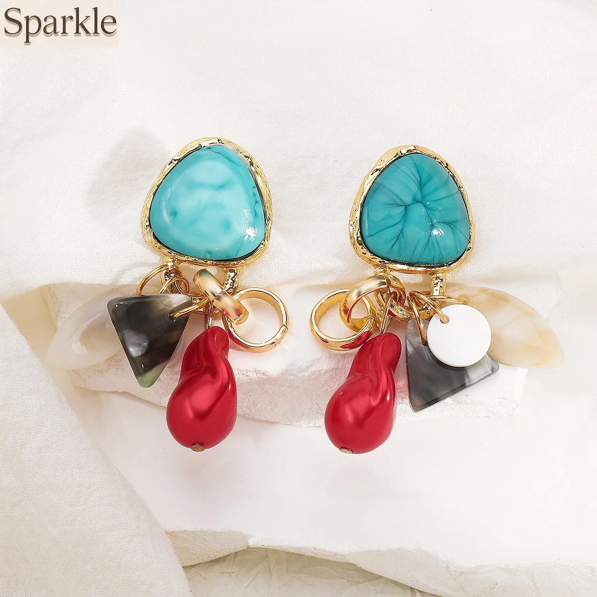

Fashionable Retro Ethnic Earrings, Irregular Geometric Resin Bead Drops Trendy Bohemian Jewelry For Woman Drop Earrings