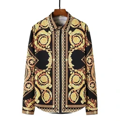 Casual black and gold retro printed shirt summer men's long-sleeved shirt 3D printed lapel shirt men and women fashion shirt