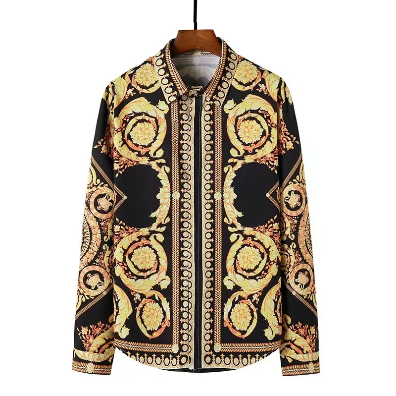 Casual black and gold retro printed shirt summer men's long-sleeved shirt 3D printed lapel shirt men and women fashion shirt