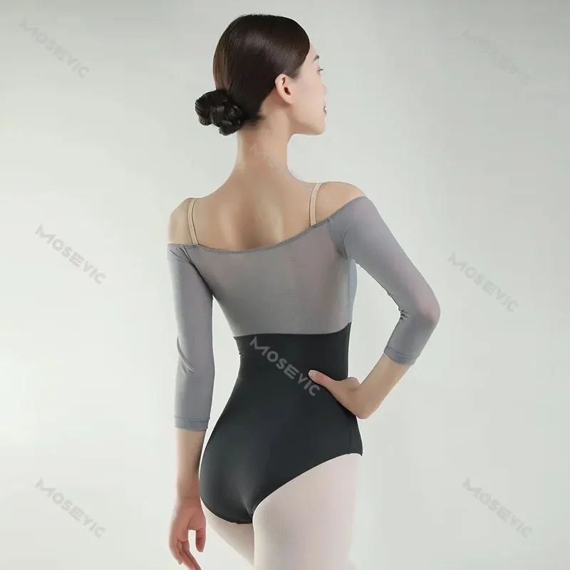 Body da balletto Sexy con maniche con spalle scoperte a tre quarti per le donne Costume da bagno per adulti con cuciture a rete per il Costume da Ballerina danzante