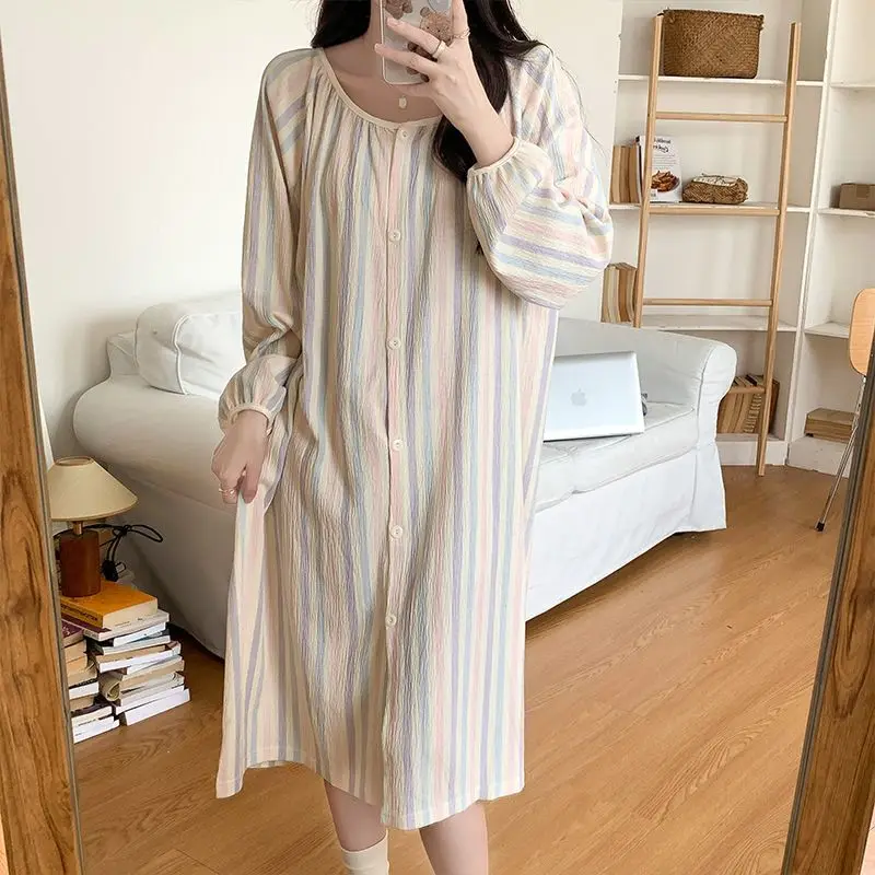 Striped Women Nightgown Lace Sleepwear O-neck Nightwear Korean Fashion Night Dress Long Sleeve Autumn Button One Piece Pajamas