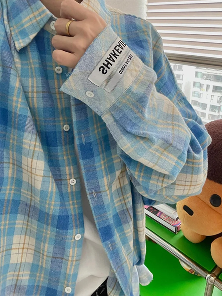 Blue Plaid Casual irt Men's Summer Thin Sun Protection American Sle Outerwear Loose Fit Long Sve arp Collar