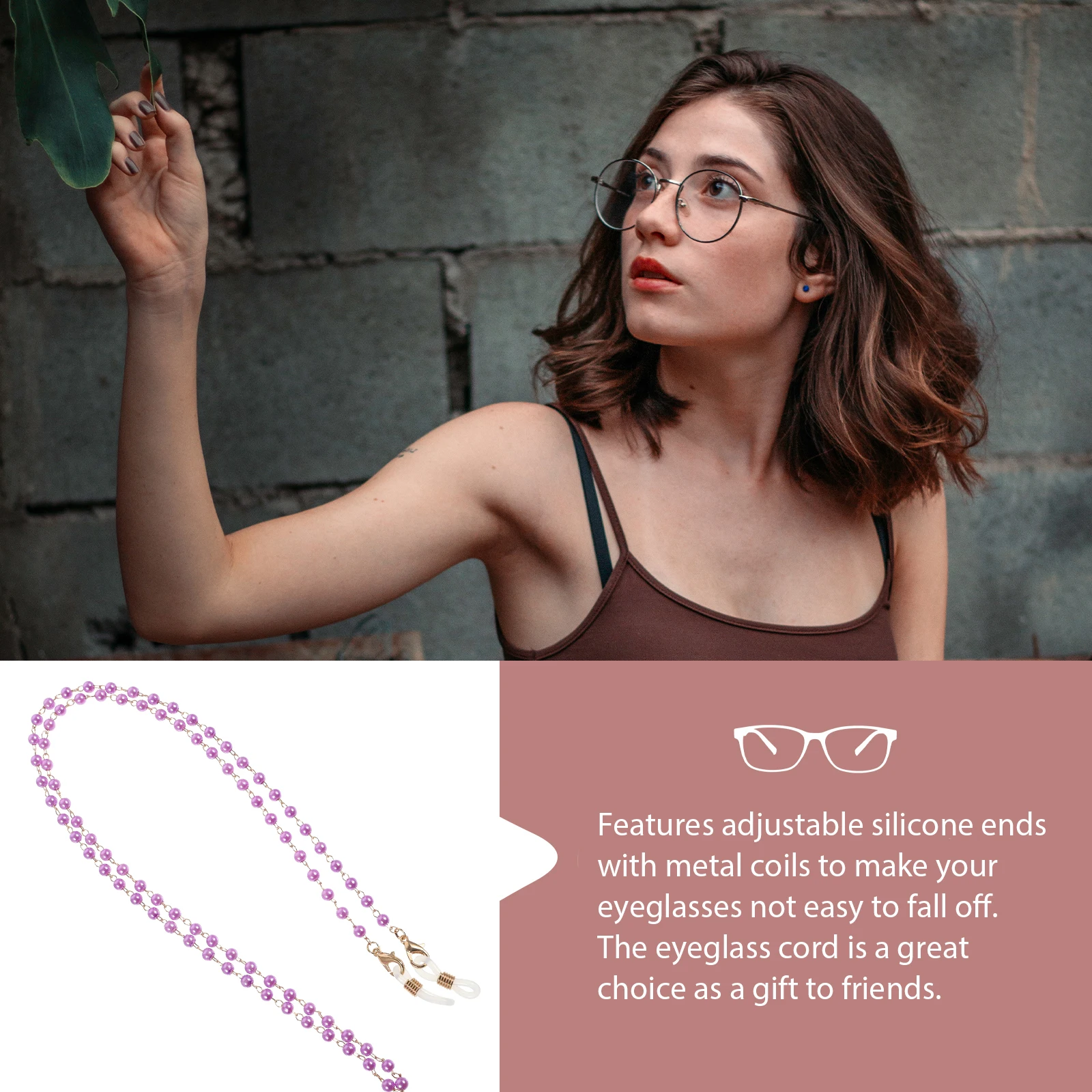 

Delicate Adjustable Eyeglass Chain Silicone Ends Metal Coils Fashion Sunglasses Cord Holder Necklace For Women Men Purple