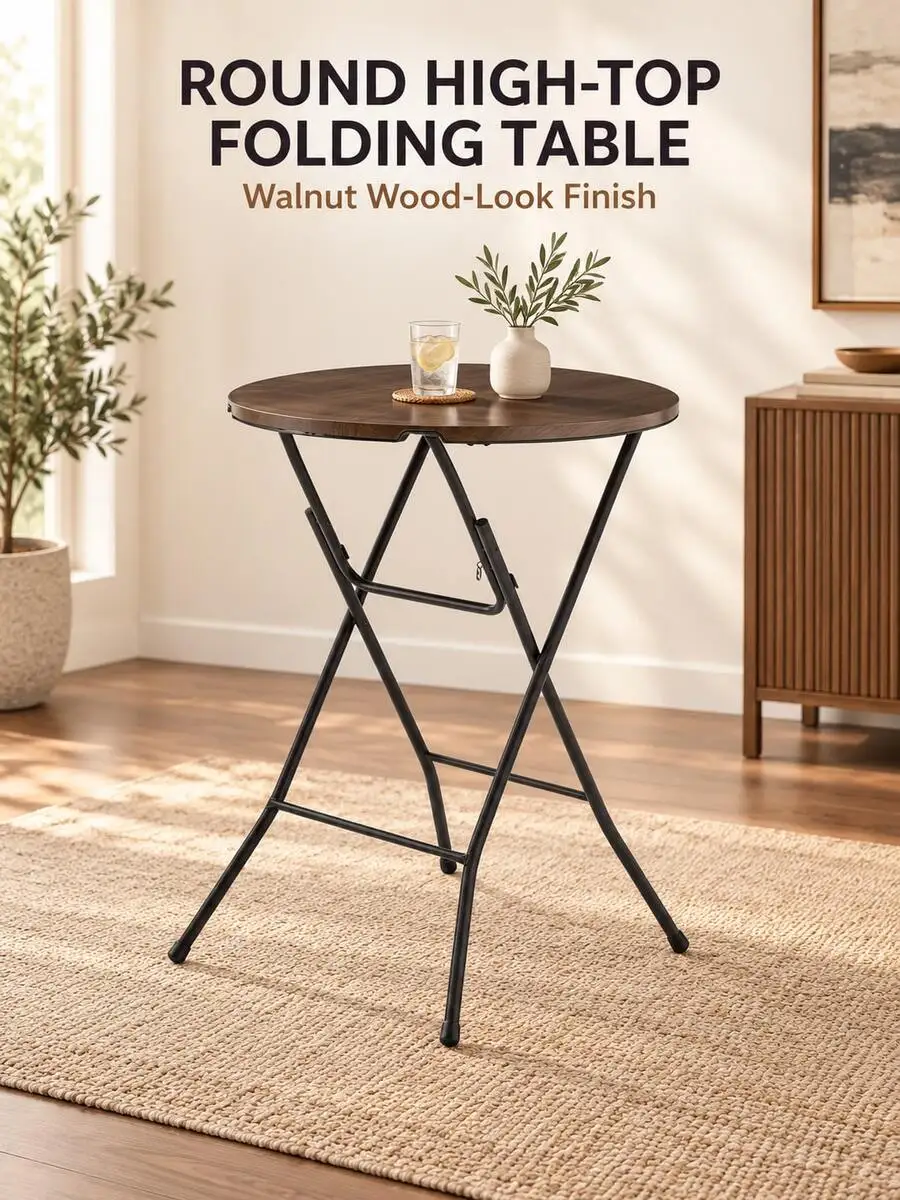 1pc 31-Inch Round High-Top Folding Cocktail Table, Walnut Wood-Look Plastic Top With Steel Frame, Portable Bar-Height Bistro Tab