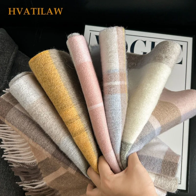 100% Wool Plaid Scarf Women Outdoor Travel Autumn Winter Warm Thick Soft Checked Shawl Wrap Pashmina Long Neckerchief Windproof