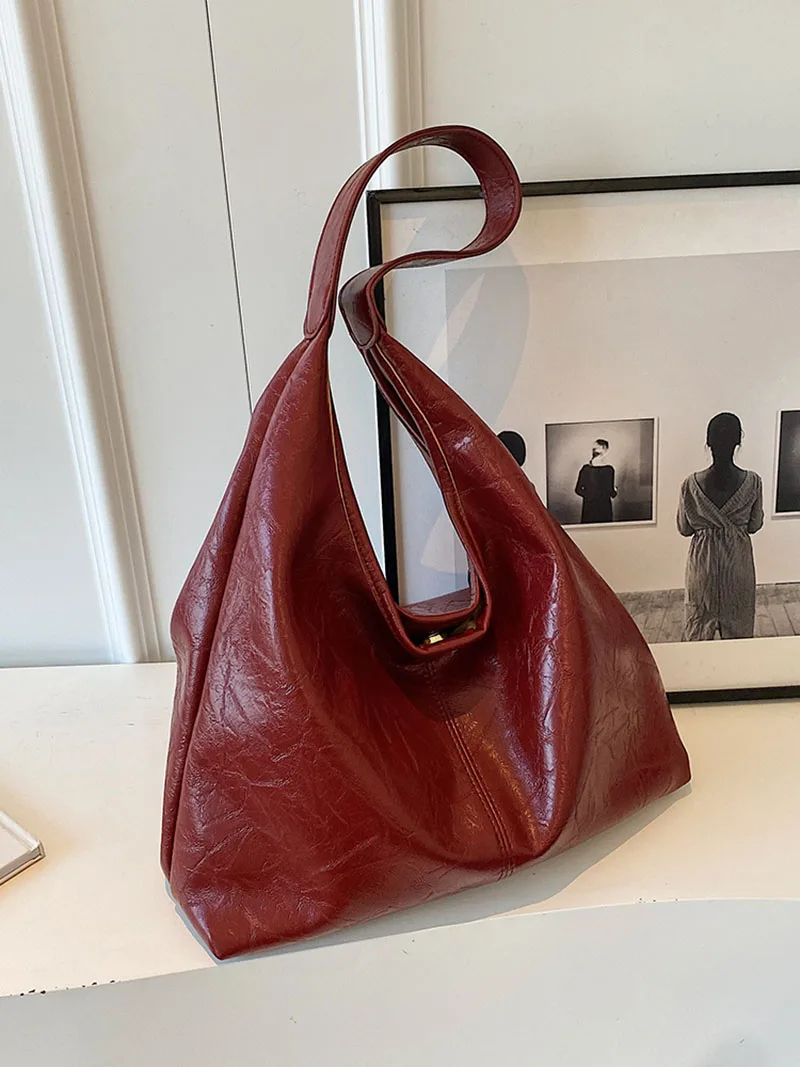 Leisure Soft Large Capacity Red Bag For Women 2024 Fashion Solid PU Leather Ladies Tote Bags Commuter Shoulder Handbag For Work