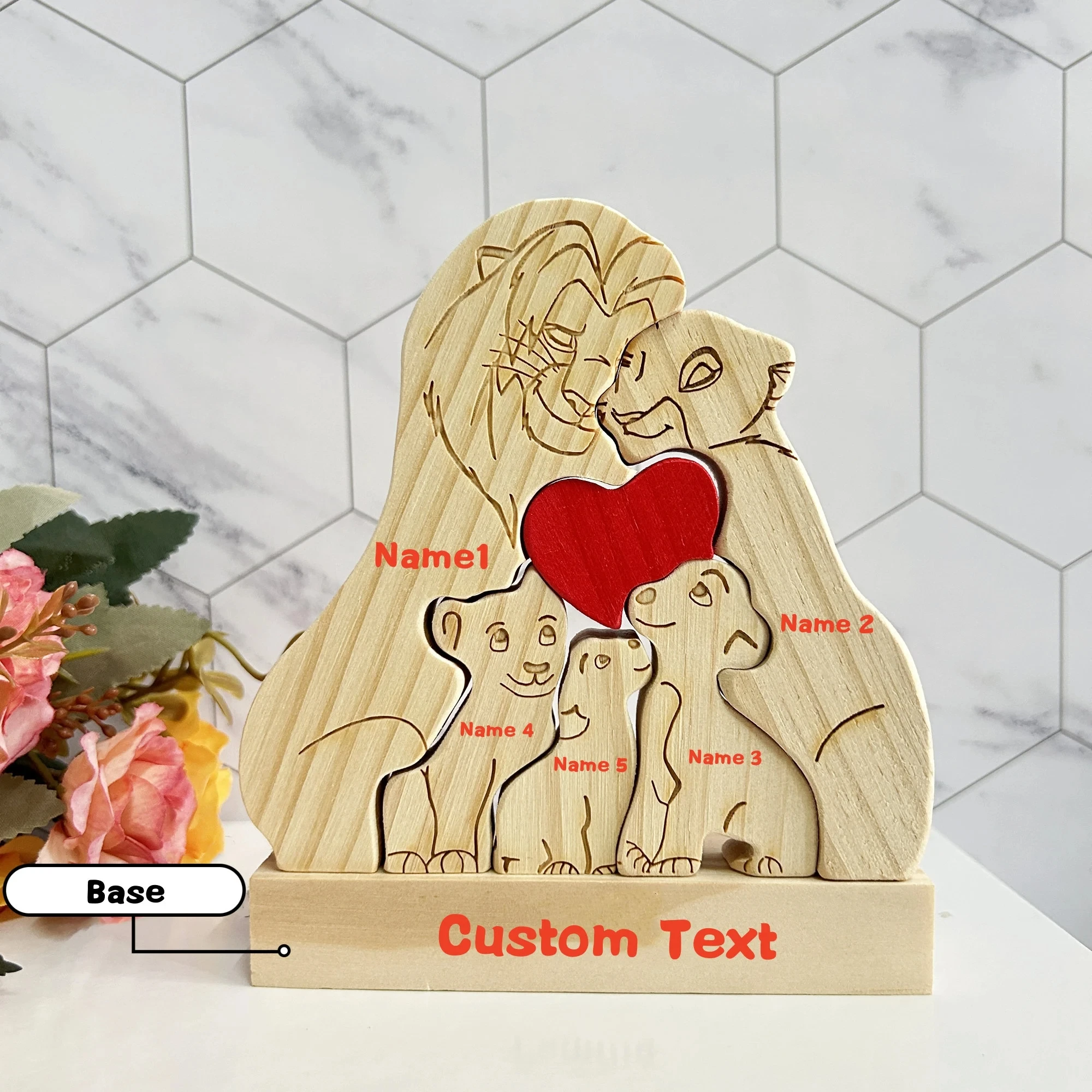 Custom Wooden Lion Family Puzzle-Engraved Family Name Puzzle-Family Keepsake Gift-Animal Family-Gift For Kids Wooden Decor