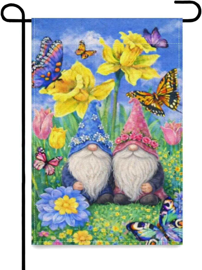 Colorful Floral Spring Garden Flag with Gnome Double Sided Outside Yard Decoration Small Yard Flag 12x18 Inch Porch Lawn Dec AAS