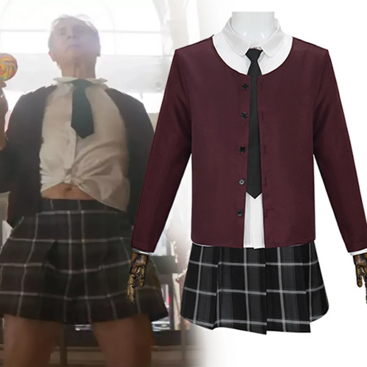 

2025 Movie Adult The Naked Gun Frank Drebin Jr. Plaid Schoolgirl Uniform Halloween Costume Liam Neeson Men Cosplay