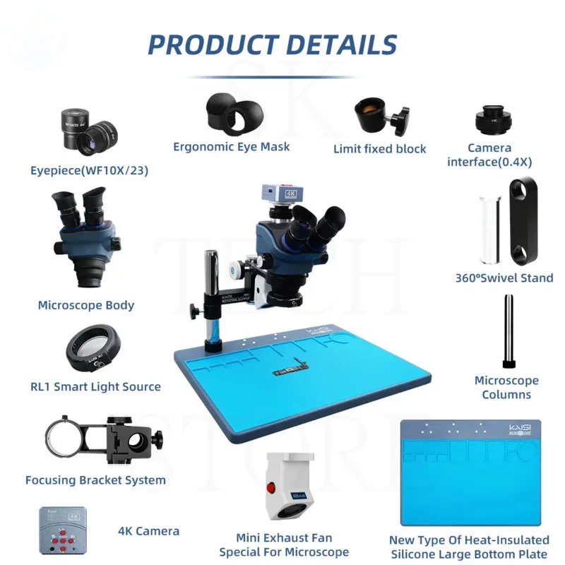 Imagem -04 - Conjunto de Microscópio Trinocular Focal Kaisi-zoom para Reparo Pcb Estéreo Câmera de Vídeo 4k 3.5x a 100x Tx350s Plus