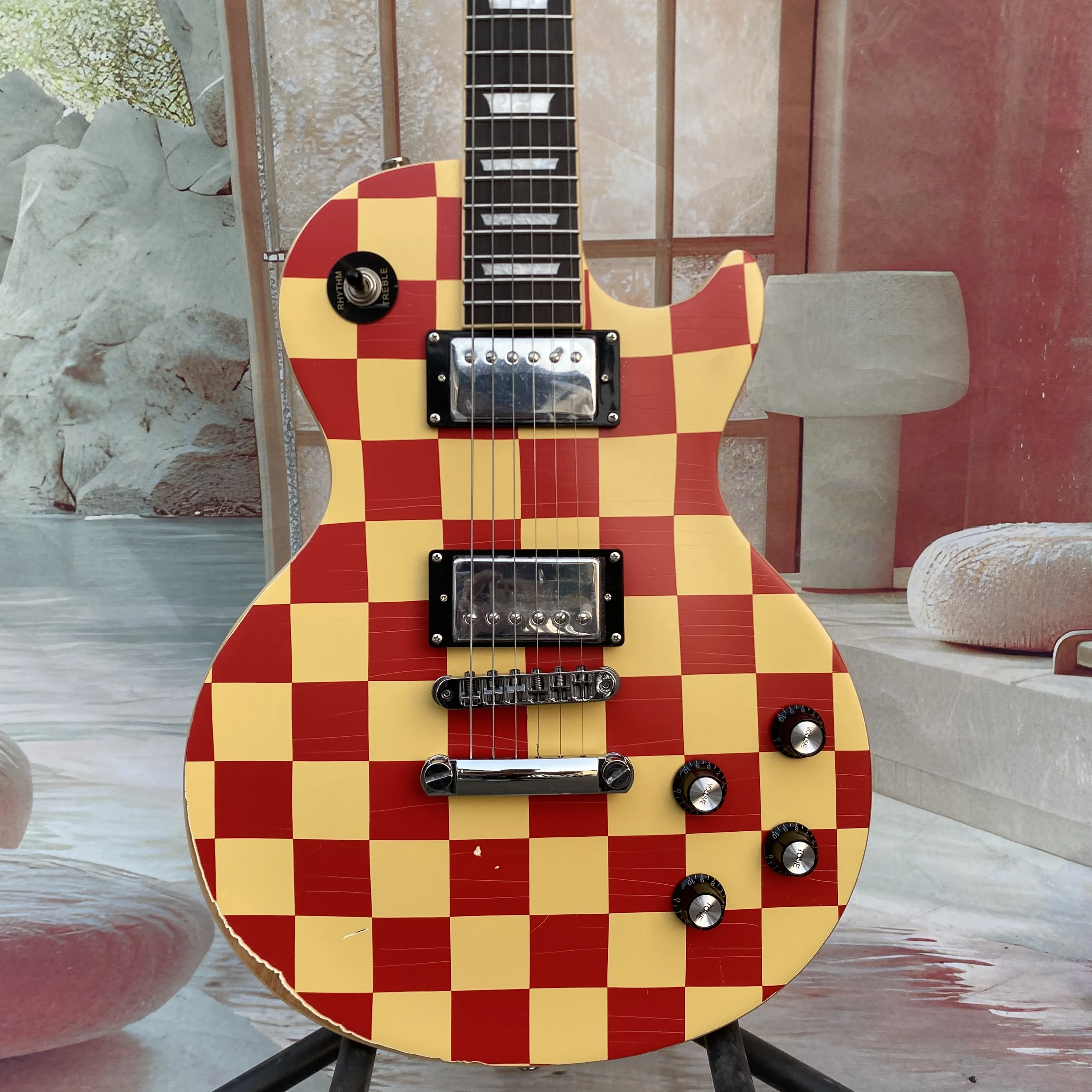 Relics by hands Electric Guitar tune-o-matic bridge Red and Yellow checkered HH pickup 22 frets 6 string solid mahogany body