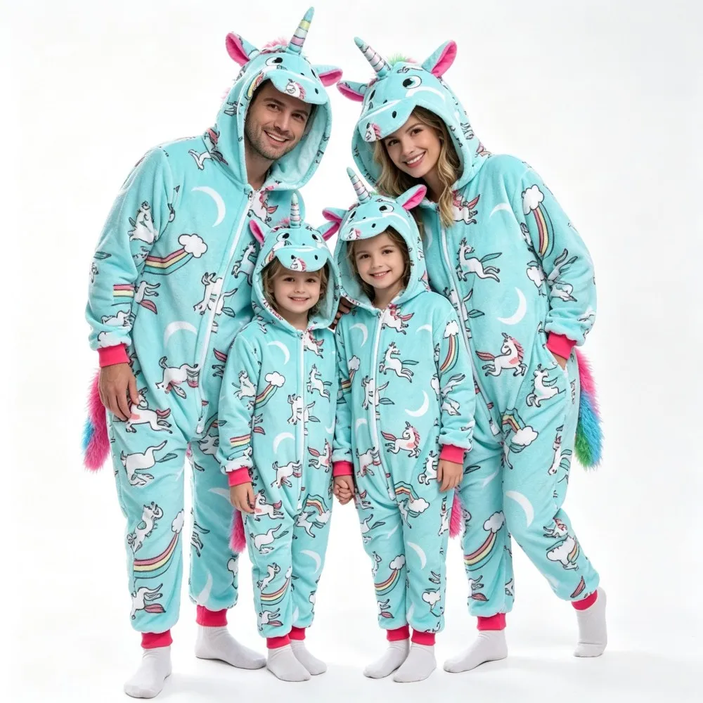 Dinosaur Onesie Pajamas Flannel Hooded Family Matching Sleepwear Adult Kids Cartoon Animal Jumpsuit Halloween Cosplay Homewear