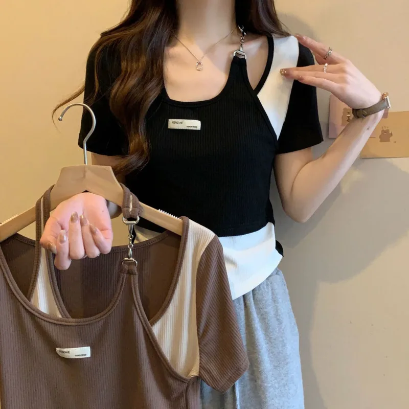 Women Halter Neck Hollow Out Buckle Patchwork Skinny Short Sleeve T Shirt Street Fashion Crop Top Harajuku Irregular Tee Shirts