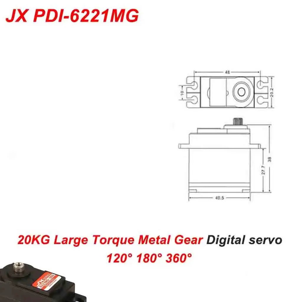 

JX PDI-6221MG 20KG Large Torque Metal Gear Digital servo Coreless Motor 120° 180° 360° for RC Car Crawler Boat Helicopter Model
