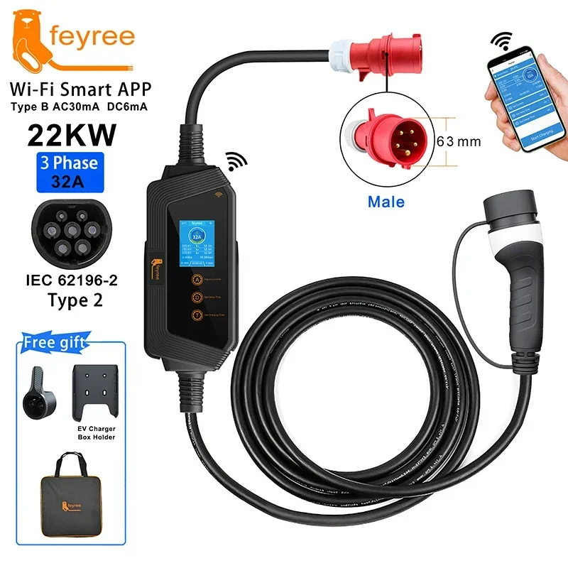 Feyree 22KW 32A 3 Fase Type2 Draagbare EV-oplader Wi-Fi APP Controle EVSE Oplaaddoos Laadstation voor elektrische autolader