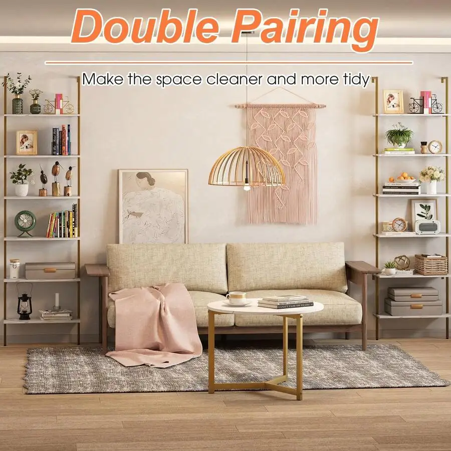 Ladder Shelf 6 Tiers Marble White Modern Bookshelf Open Tall Wall Mount Bookcase Standing Leaning Wall Shelves Industrial Decora