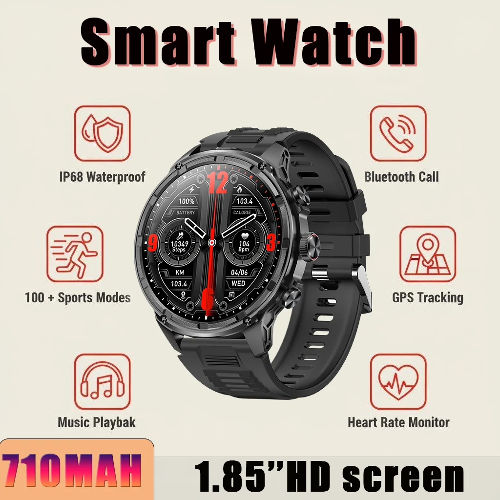

IP68 Waterproof Bluetooth Smartwatch, 100+ Sports Modes, GPS, Music, Heart Rate Monitor 1.85''HD screen 710mAh Bluetooth Call